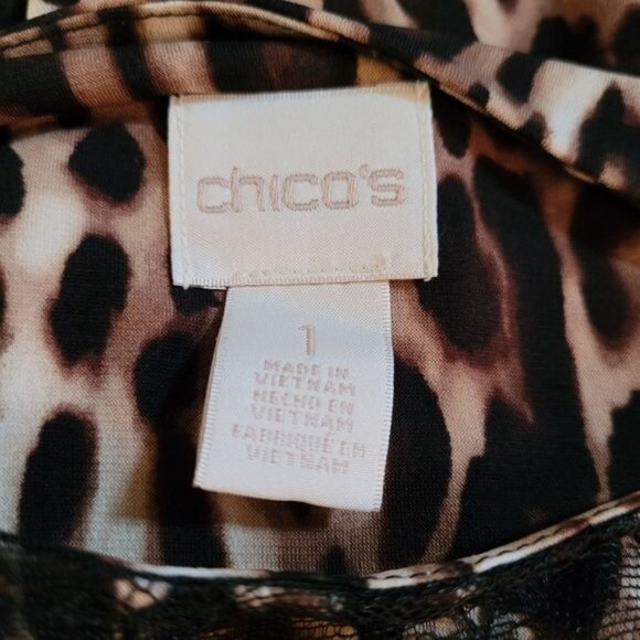 Women's Chico's Top Blouse Black Lace Brown Animal Cheetah Print Popover Size 1 - Picture 7 of 8